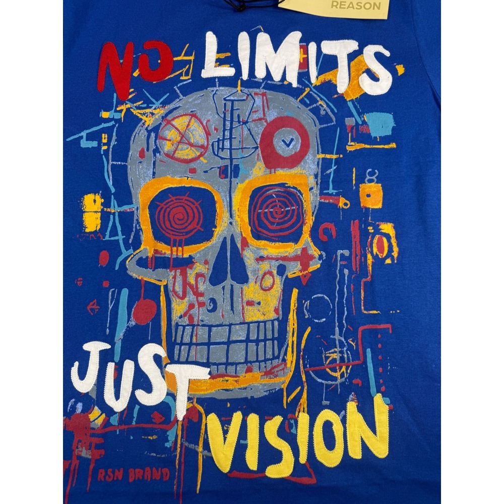 Reason Brand Mens No Limits Just Vision Skull Graphic T-Shirt Blue Large NWT
